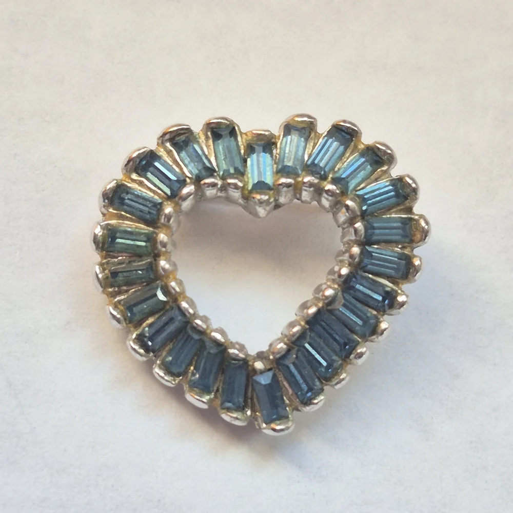 Vintage Blue Rhinestone Heart Brooch  Baguette Cut Crystal Open Heart Pin